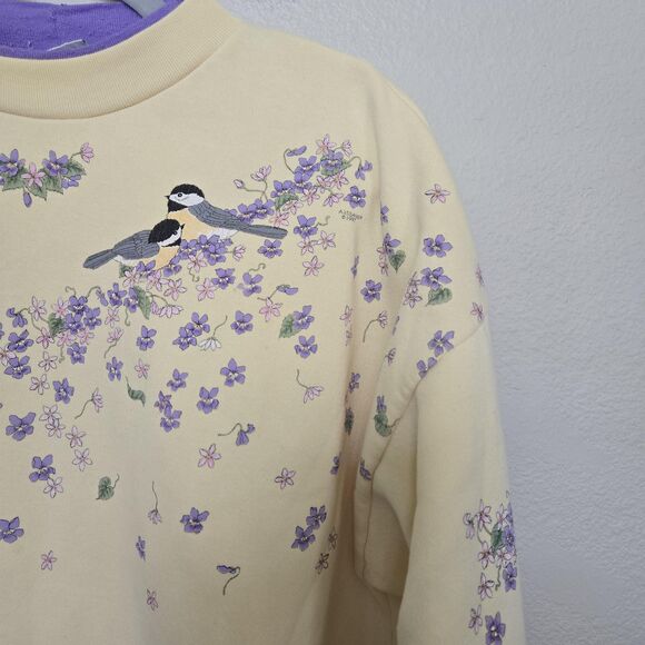 Vintage 90s Floral birds botanical Pullover Sweater Pale yellow size large - Picture 9 of 12